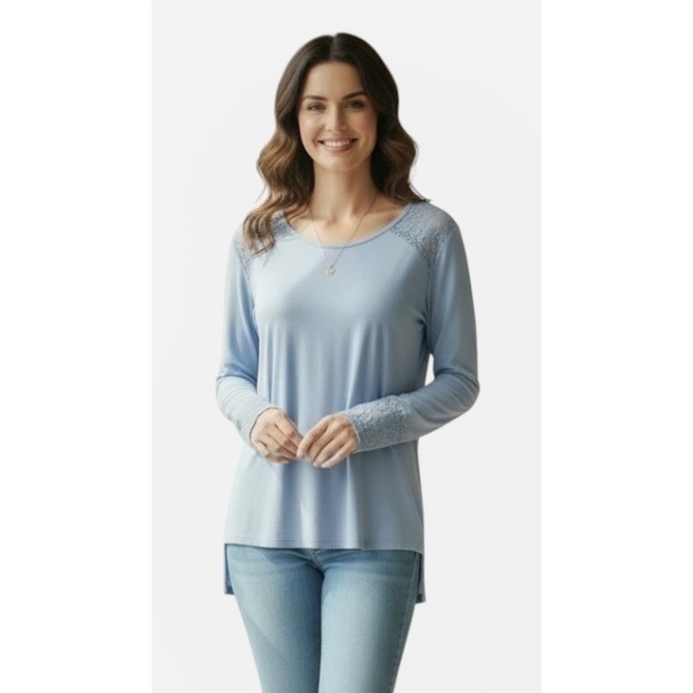 Chico's Light Blue Lace Detail Long Sleeve‎ Tunic Top Cotton Modal Blend